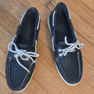Sperry Navy Woven Leather Boat Shoes with White Trim